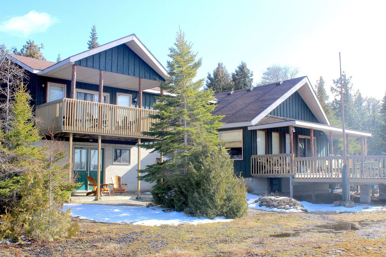 Sunset Lakehouse from the lake side, with its balcony and deck