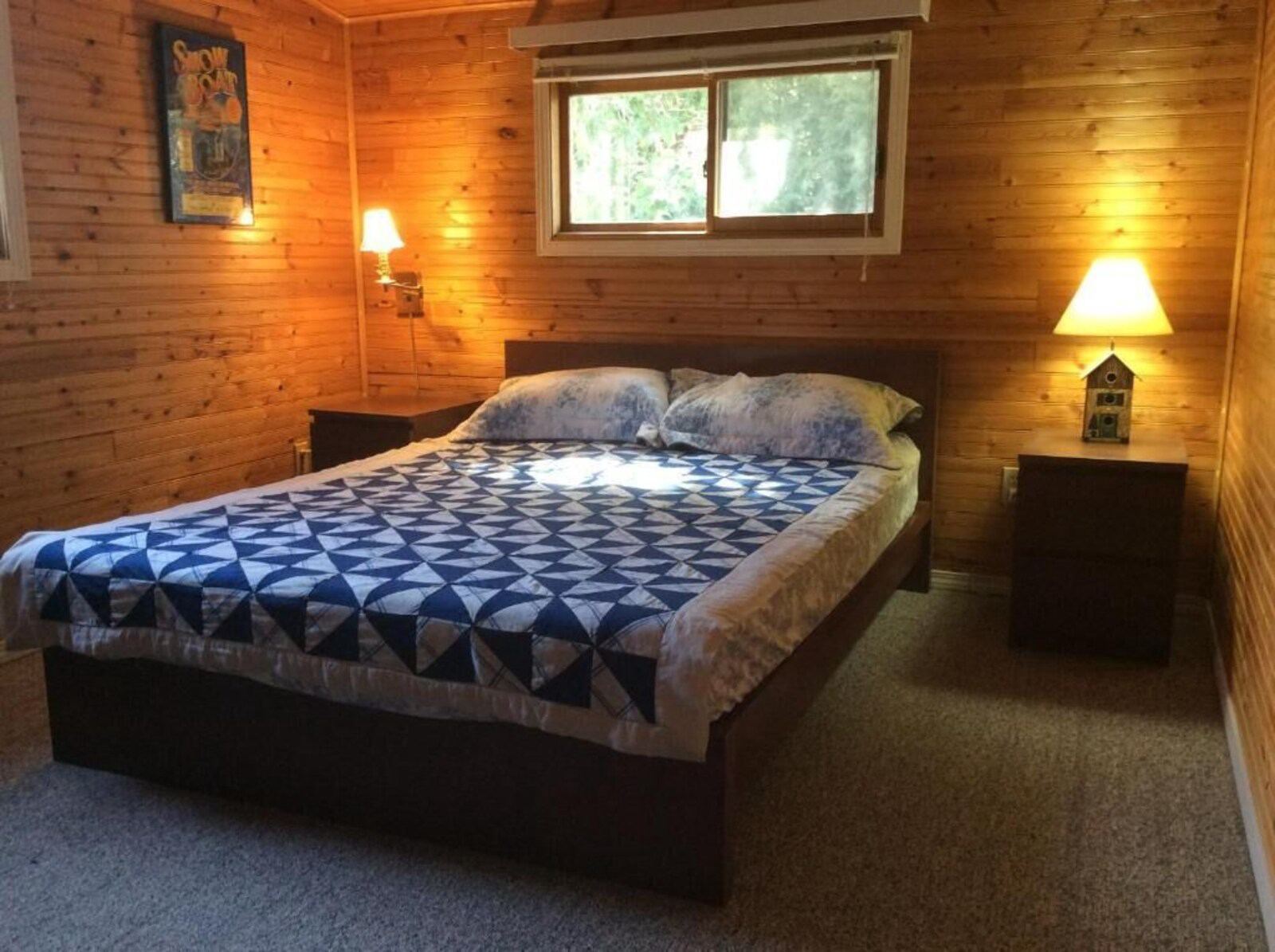 Bedroom with a queen bed and pine walls